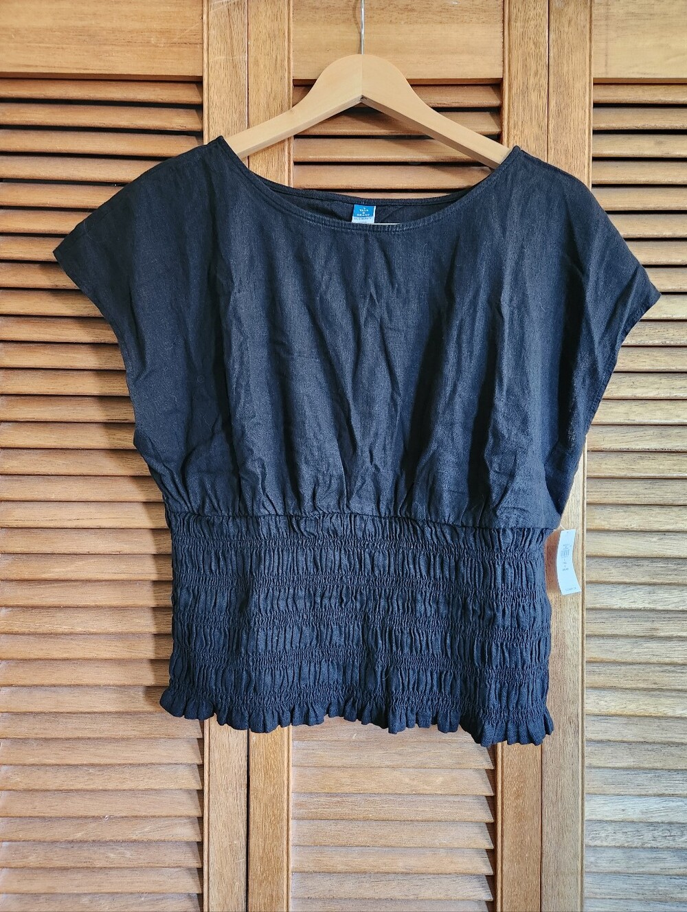 Linen-Blend Short-Sleeve Smocked Top